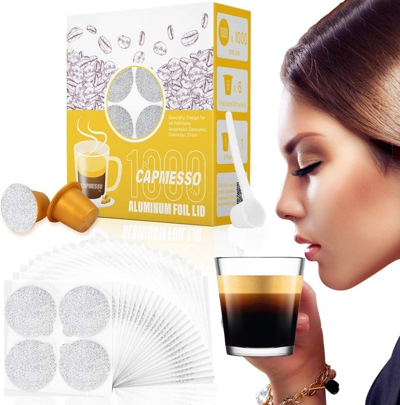 CAPMESSO Espresso Foils and Refillable Capsules-Seal Lids to Reusable Capsules Coffee Pod Compatible with Nespresso Original Line Machines (Silver -1000pcs Lids+6 pcs Pods) - Image 1